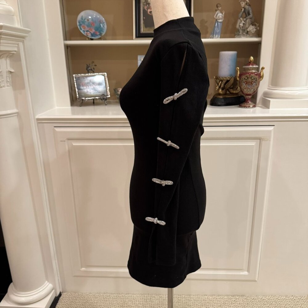 WFFS Black Ribbed Knit Dress with Rhinestone Bow Accents – Size Small